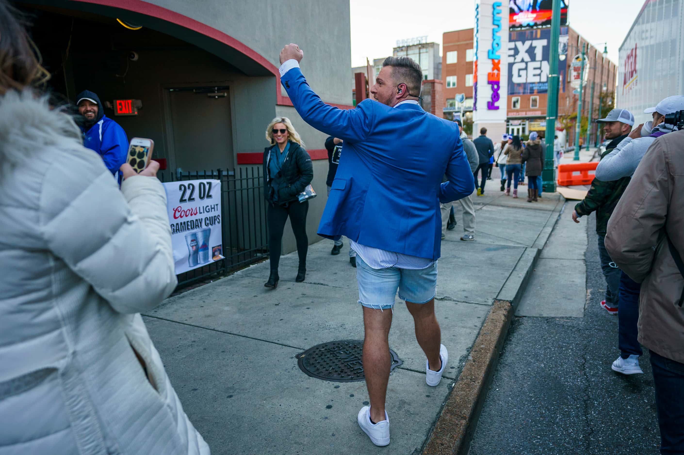 Pat McAfee waves to fans during ESPN College GameDay on Beale Street before an NCAA football...