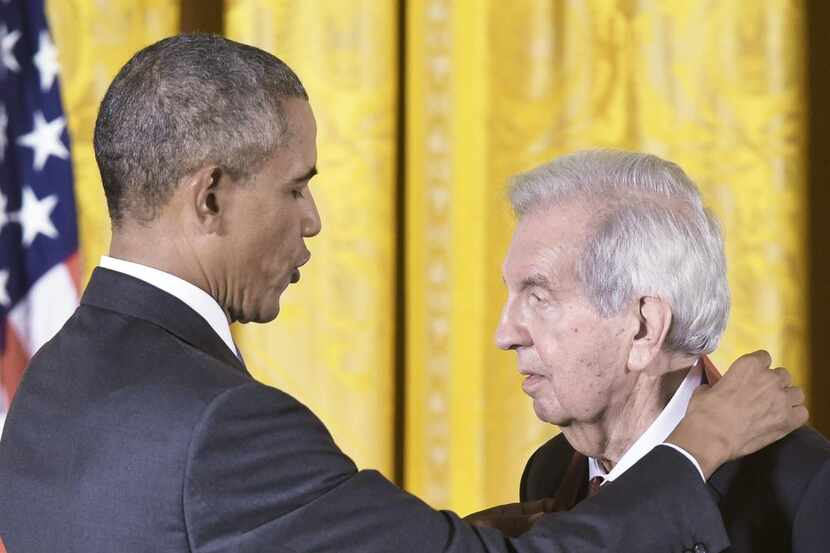 
President Barack Obama awards a National Humanities Medal to Larry McMurtry at the White...