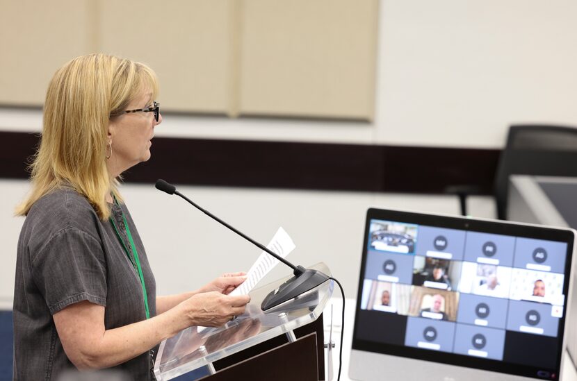 Kathy Stewart from Uptown Dallas Inc. speaks during the public comment section of the meeting.