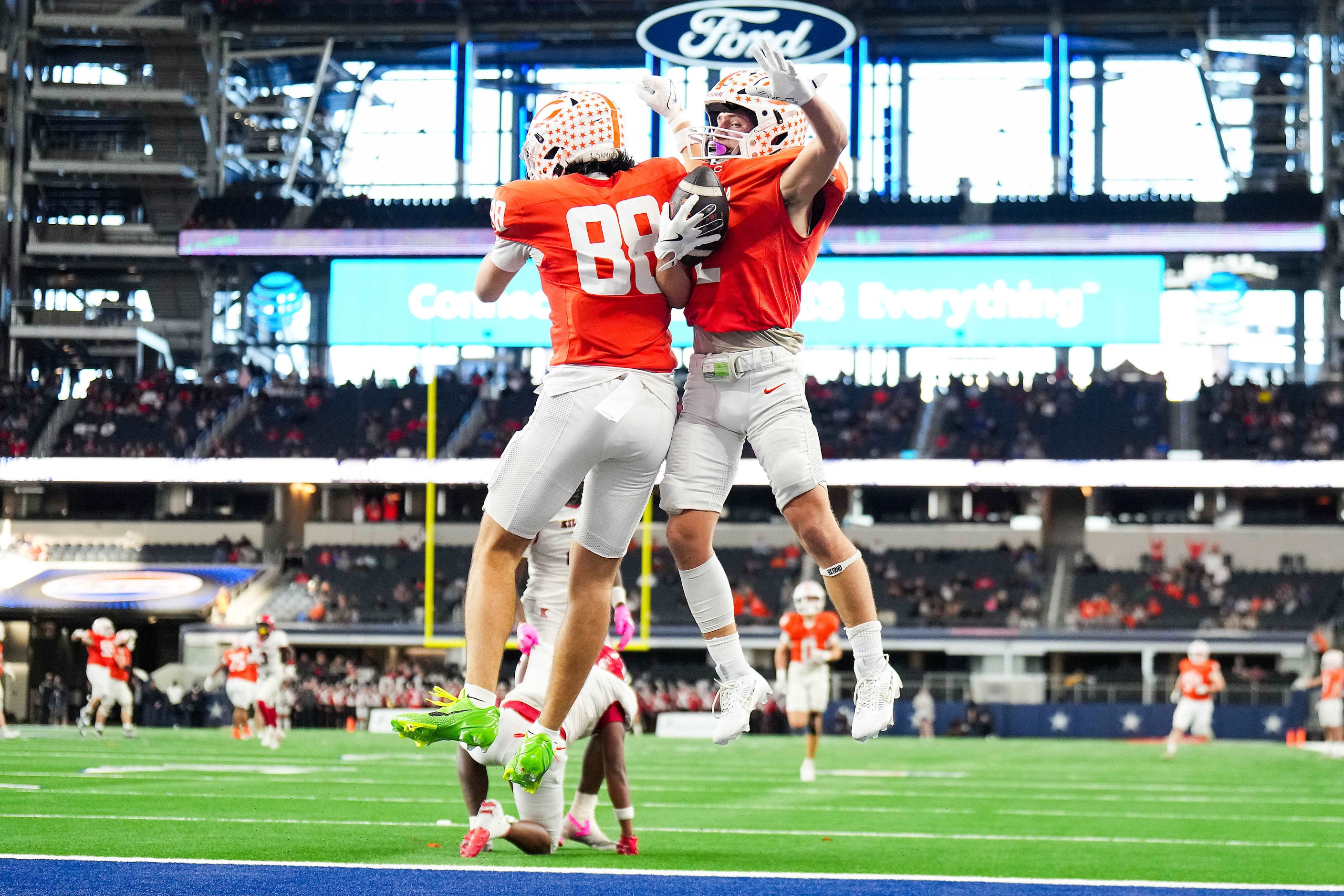 Celina's Colton Rodriguez (2) celebrates with Wyatt Villarreal (88) after scoring on a...