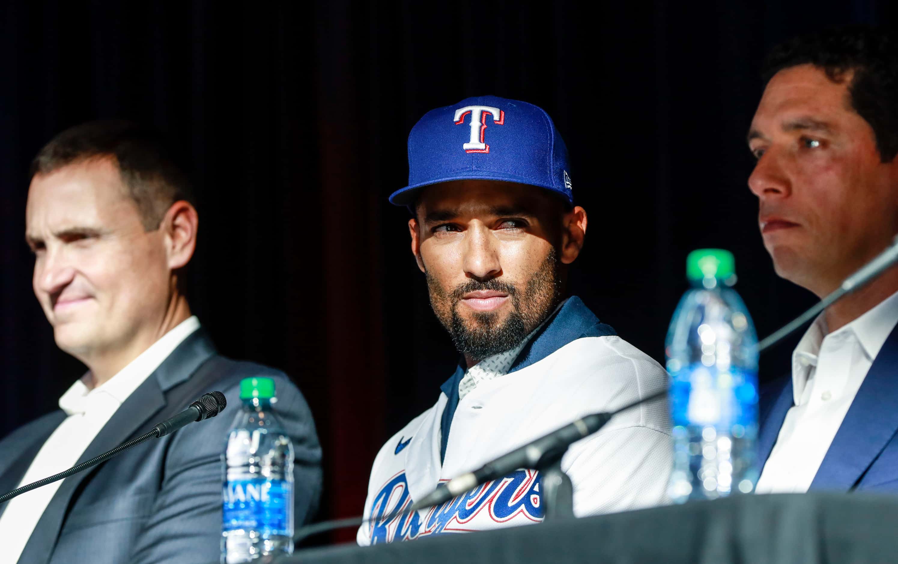 Marcus Semien at a news conference at Globe Life Park in Arlington on Wednesday, Dec. 1,...
