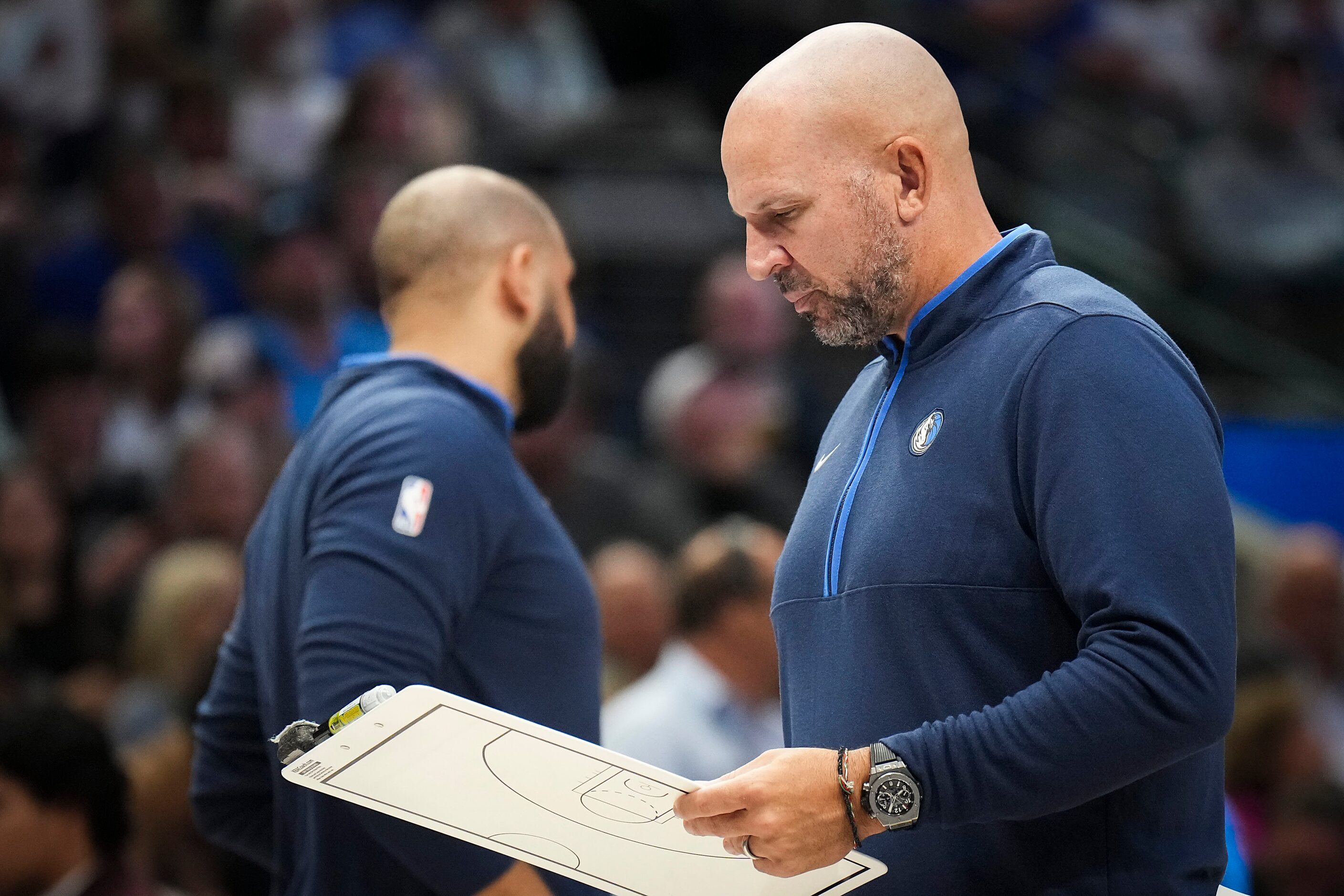 Dallas Mavericks coach Jason Kidd during a timeout in the first half of an NBA basketball...