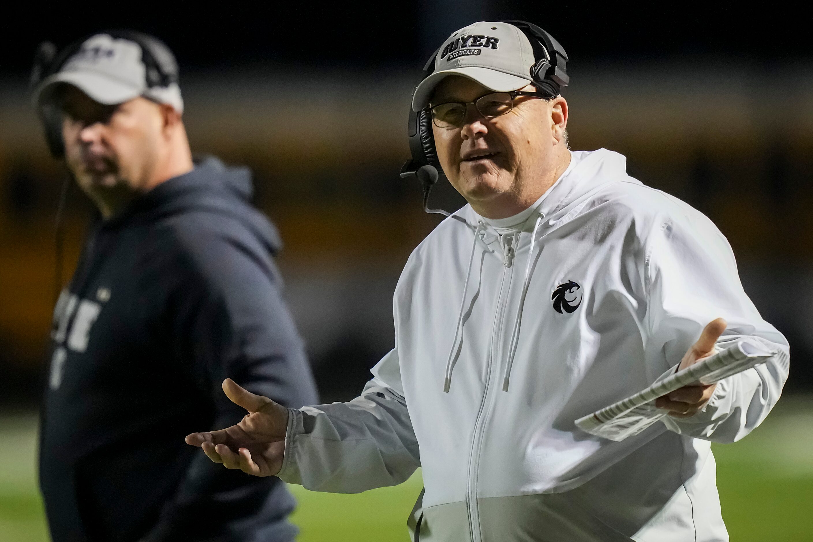 Denton Guyer head coach Rodney Webb reacts to a penalty call during the second half of a...