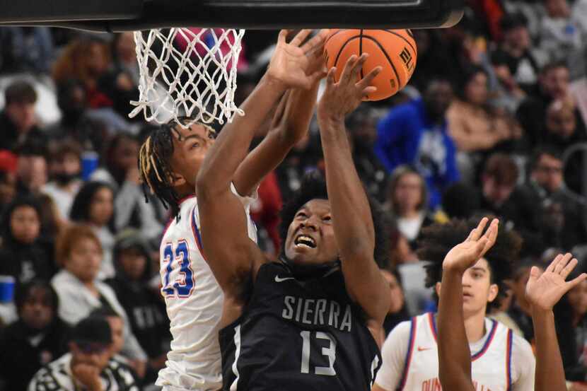 Duncanville junior Cameron Barnes blocks a shot attempt at the rim from Sierra Canyon's Shy...