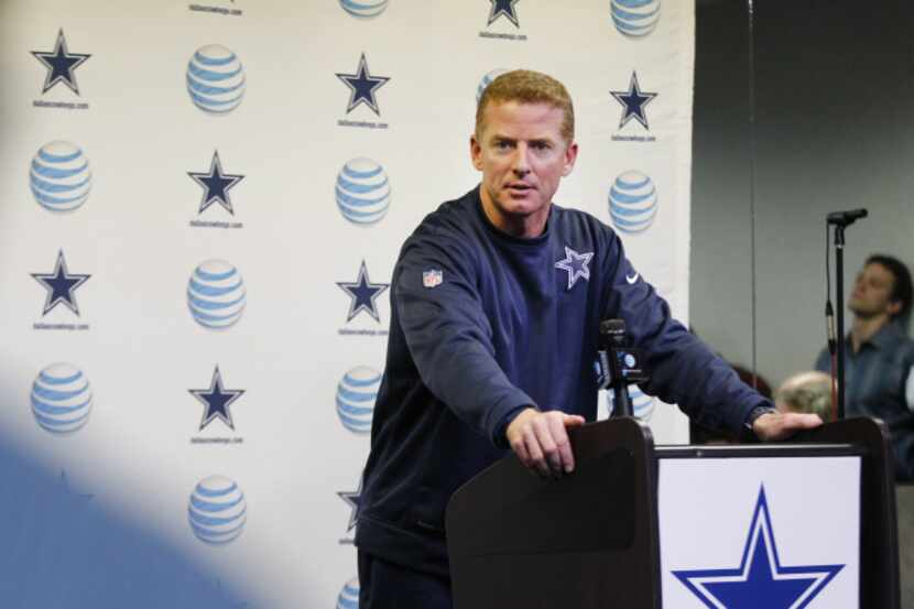 Dallas Cowboys coach Jason Garrett speaks to the media during the press conference at the...