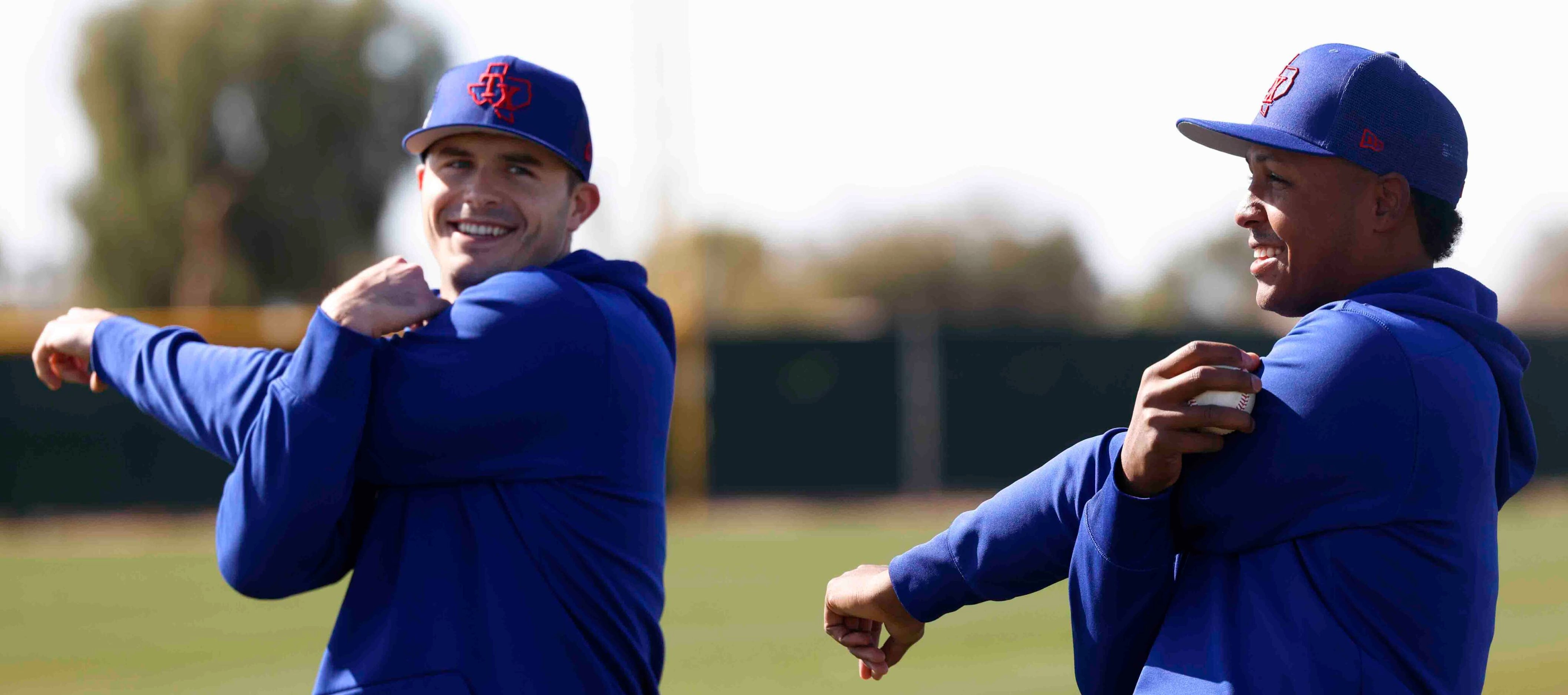 Texas Rangers left handed pitcher John King, left, and right handed pitcher Jose Leclerc...