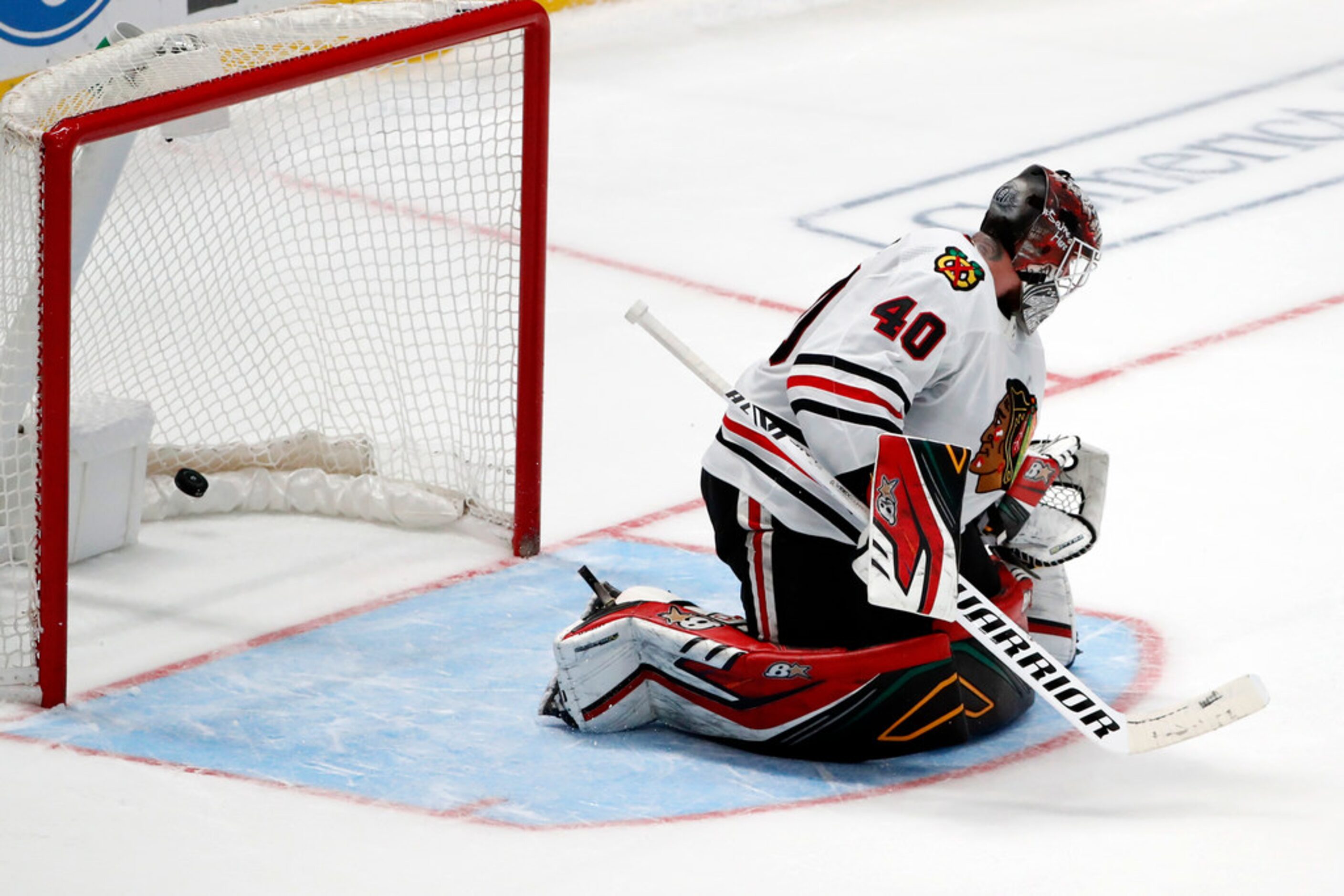 Chicago Blackhawks goaltender Robin Lehner (40) is unable to prevent a goal scored in a...