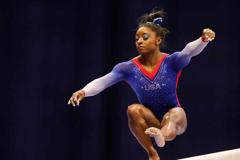 Simone Biles of World Champions competes in balance beam during day 1 of the women's 2021...