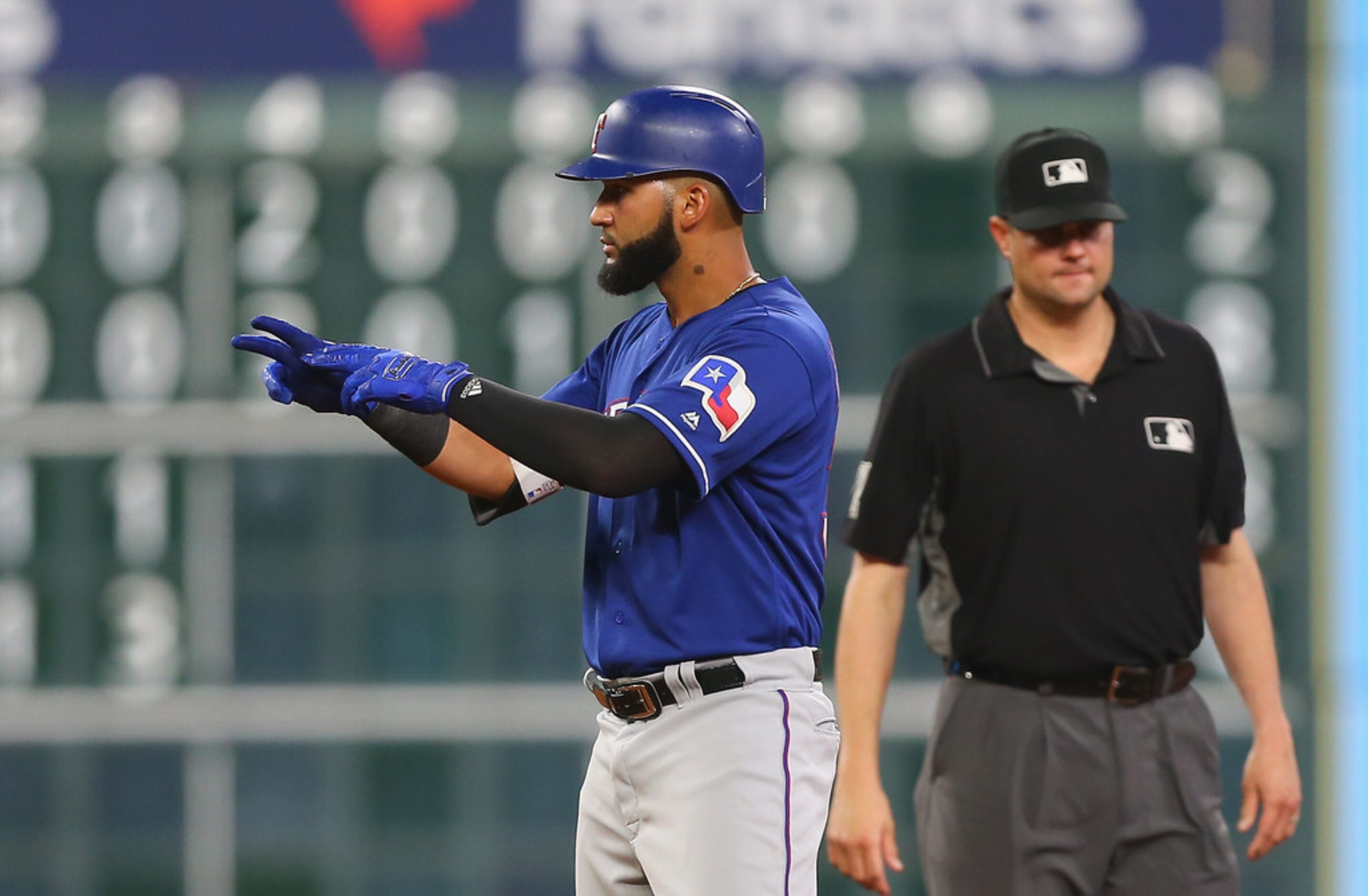 HOUSTON, TX - MAY 11:  Nomar Mazara #30 of the Texas Rangers doubles in the  seventh inning...