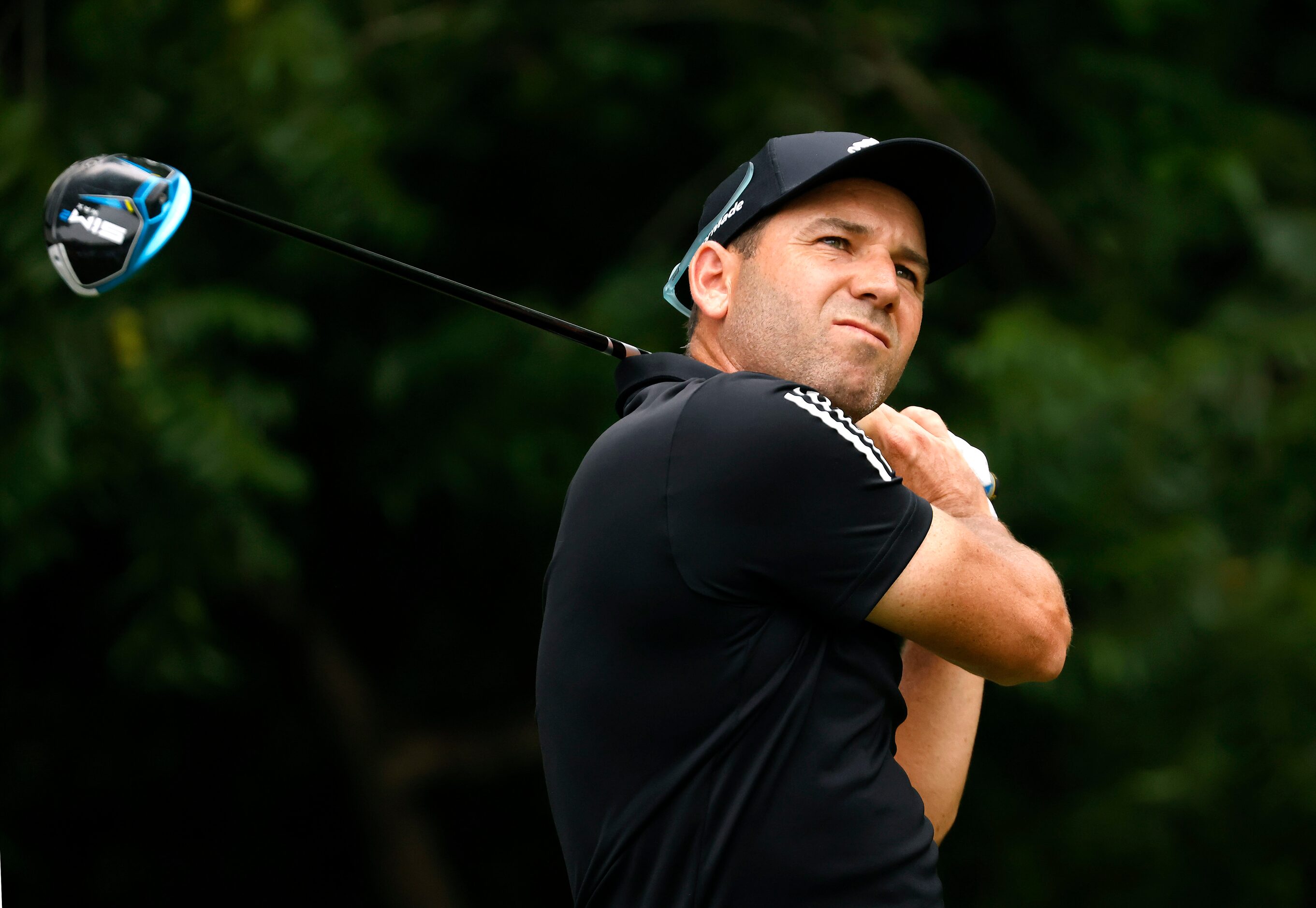 Professional golfer Sergio Garcia watches his drive off the No. 6 tee box during round two...