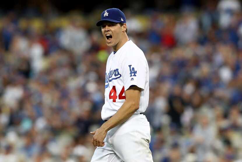 LOS ANGELES, CA - OCTOBER 18:  Rich Hill #44 of the Los Angeles Dodgers reacts while taking...