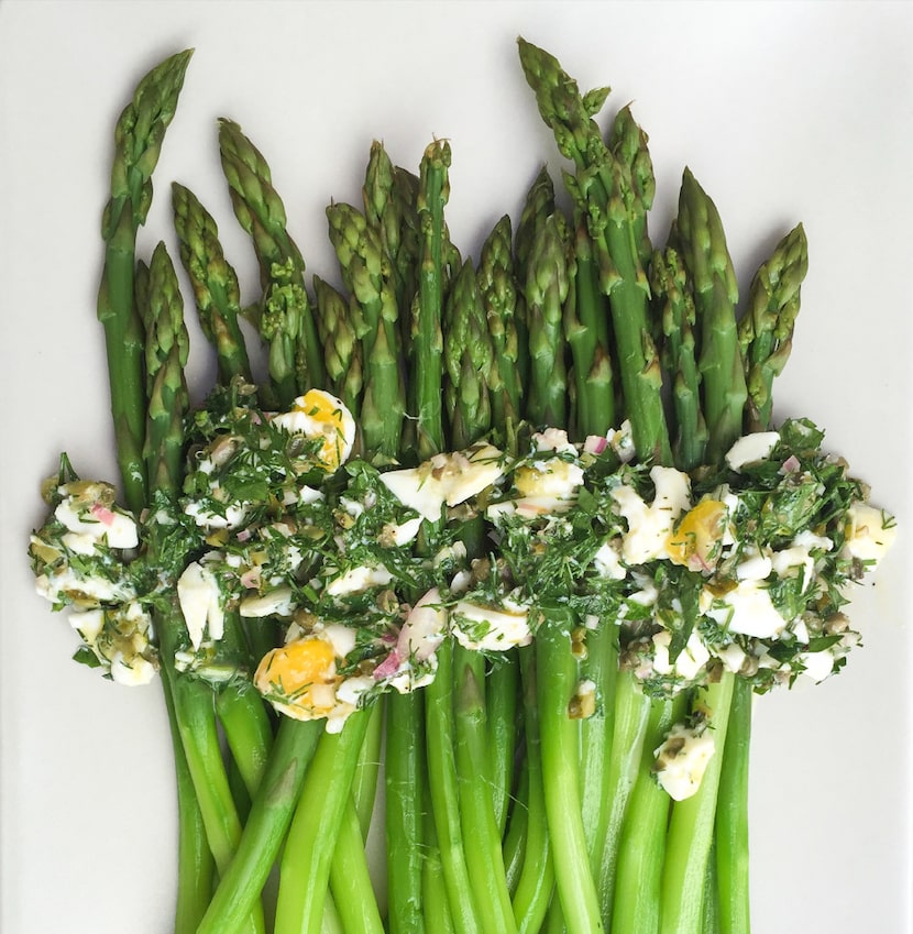 Poached asparagus dressed in new-wave sauce gribiche. (Leslie Brenner/Staff)