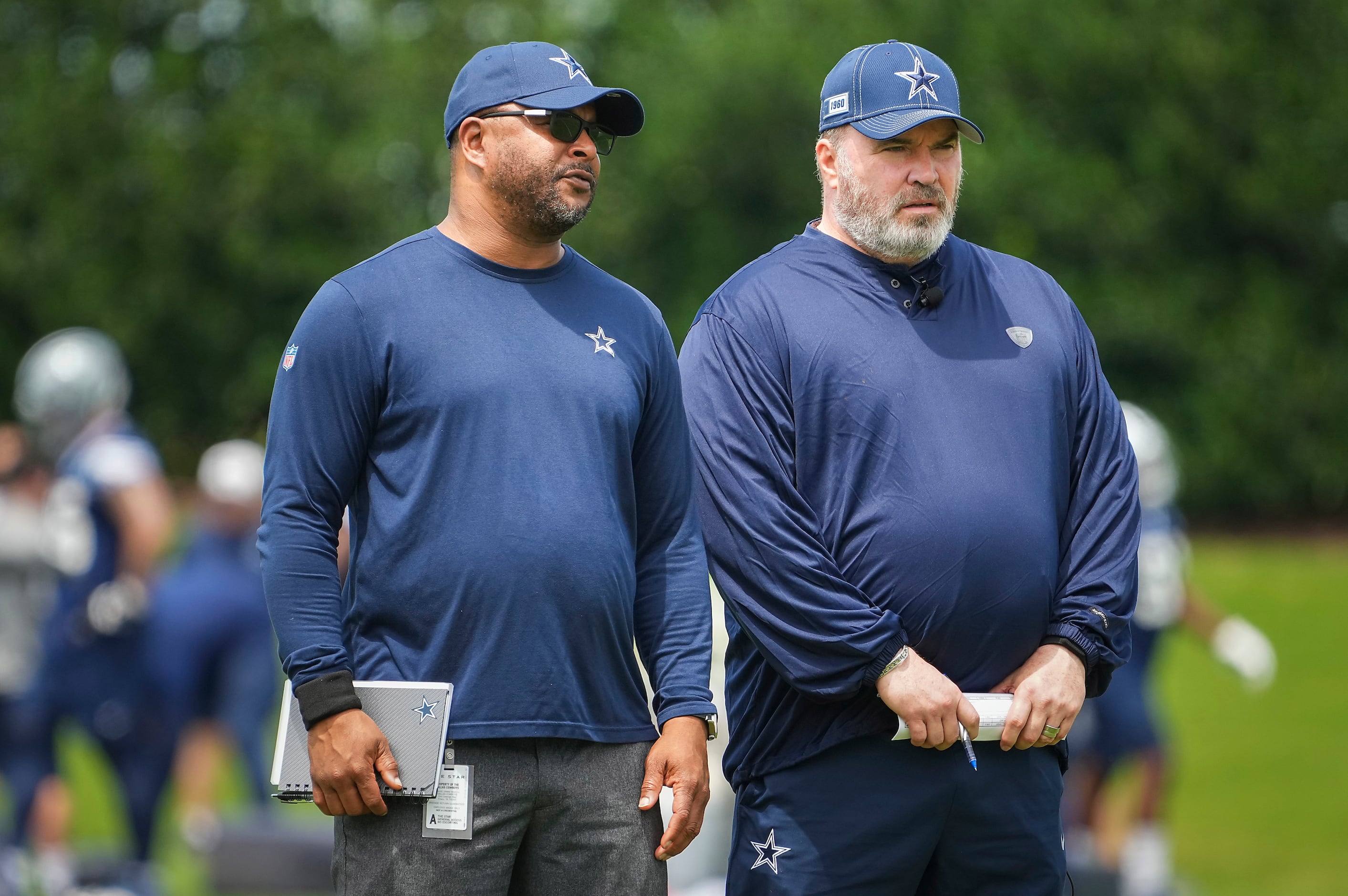 Dallas Cowboys head coach Mike McCarthy (right) and vice president of player personnel Will...