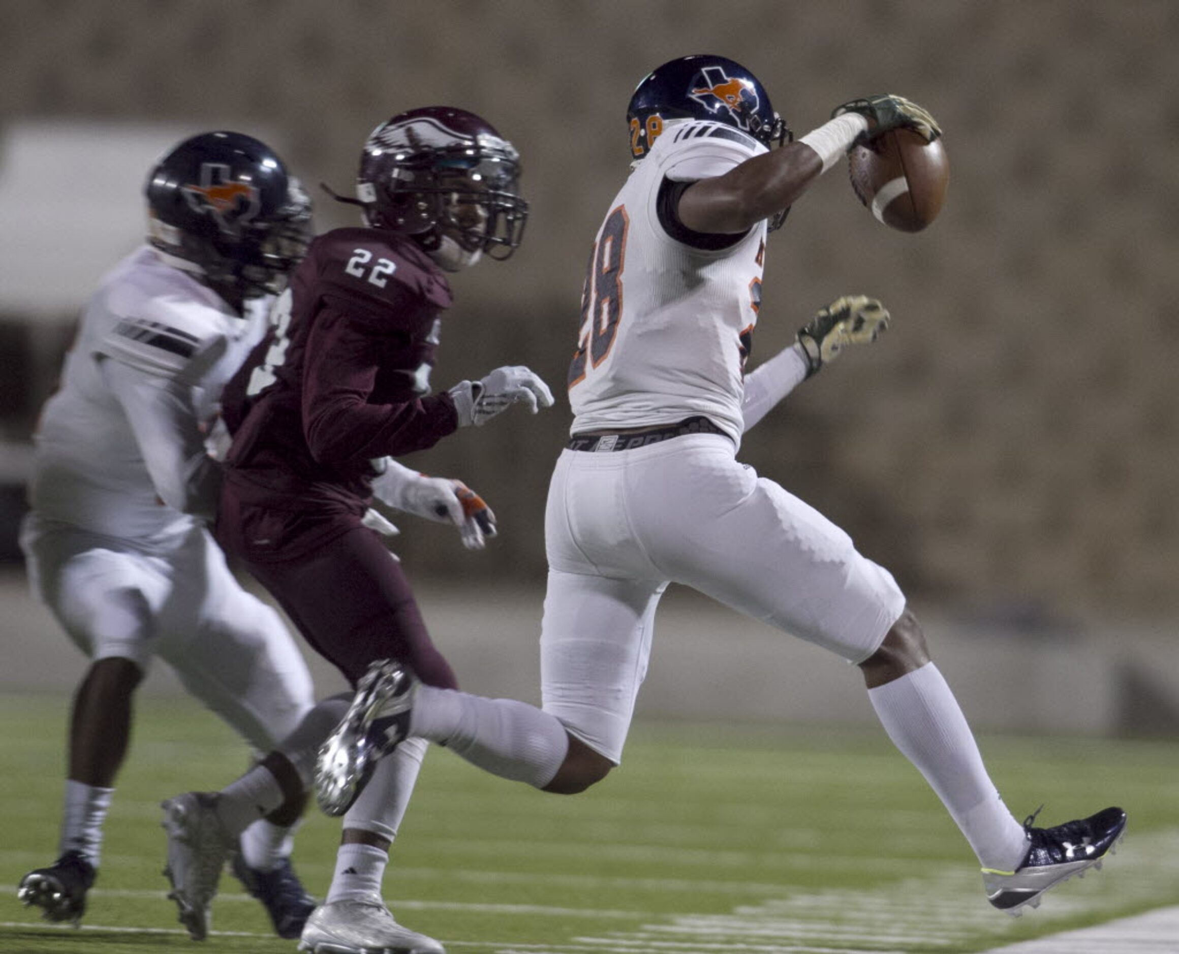 Sachse receiver Donovan Duvernay (28) races for extra yardage after pulling in a second...