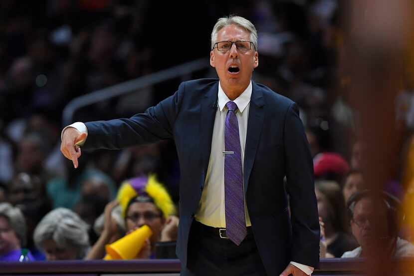 FILE - In this Sept. 29, 2017, file photo, Los Angeles Sparks head coach Brian Agler...