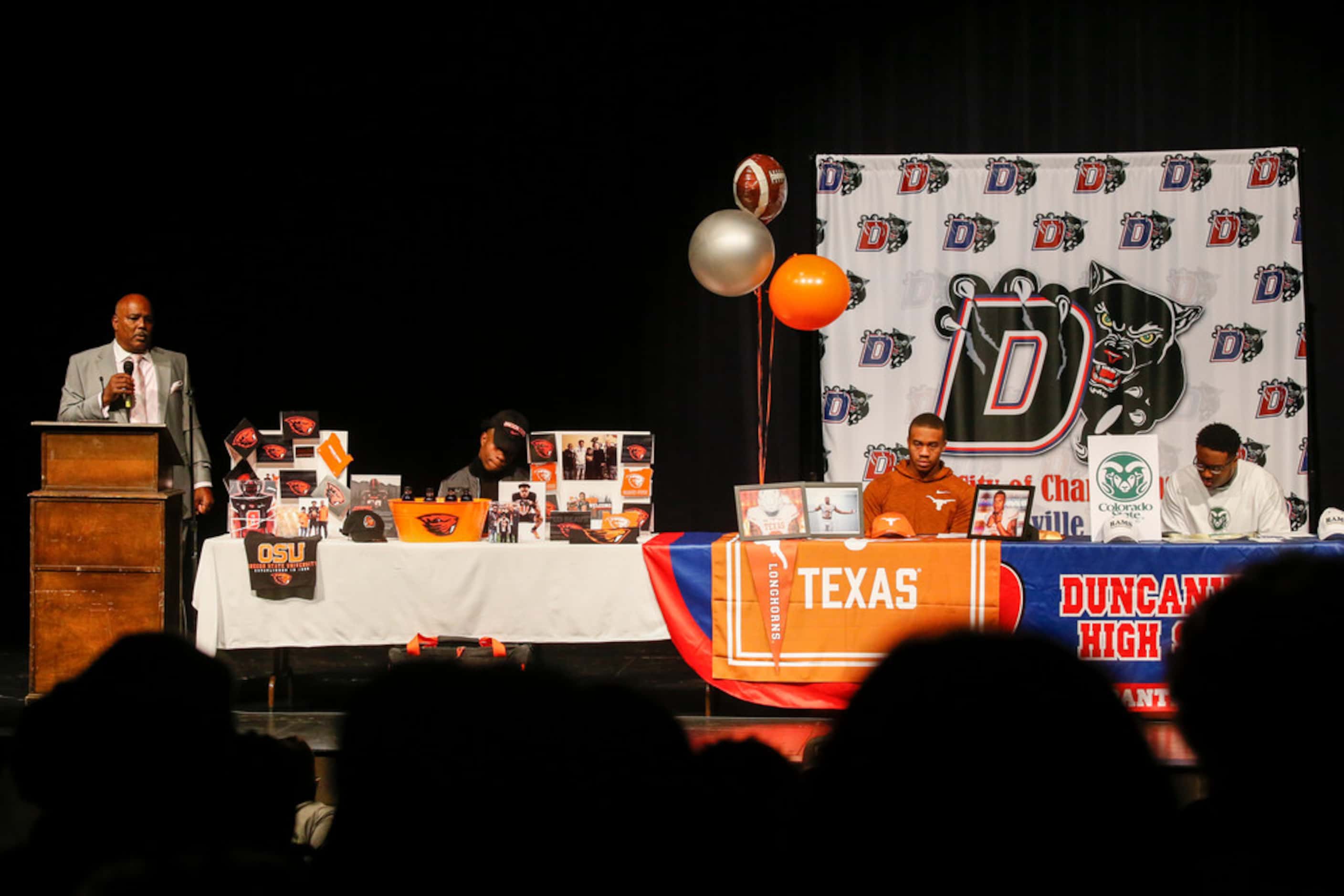 Duncanville head football coach Reginald Samples speaks during a National Signing Day event...