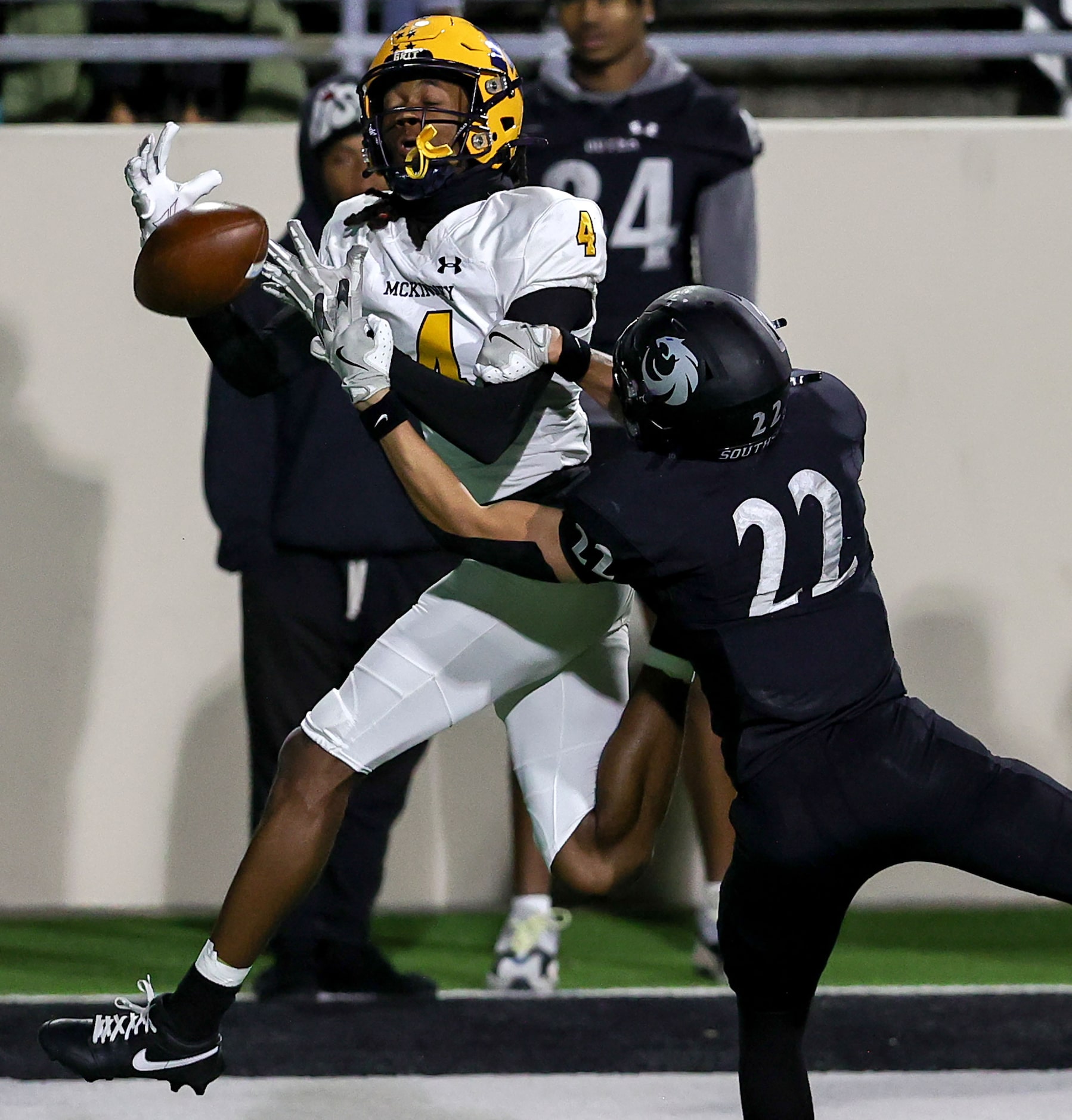 McKinney wide receiver Ja'bree Bickham (4) can't come up with a reception against Denton...