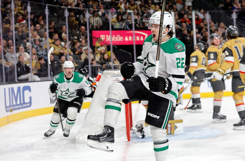 Dallas Stars center Mavrik Bourque (22) celebrates after scoring against the Vegas Golden...