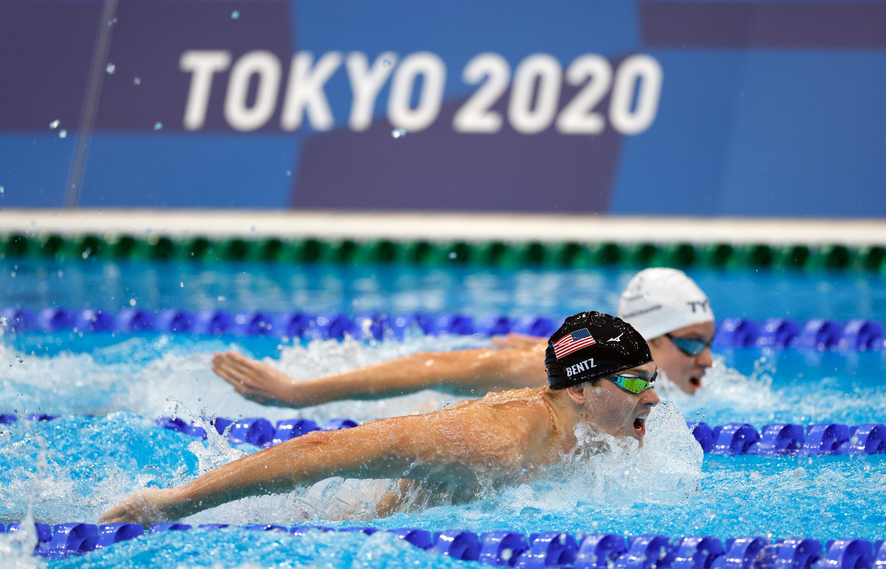 USA’s Gunnar Bentz competes in the men’s 200 meter butterfly semifinal during the postponed...