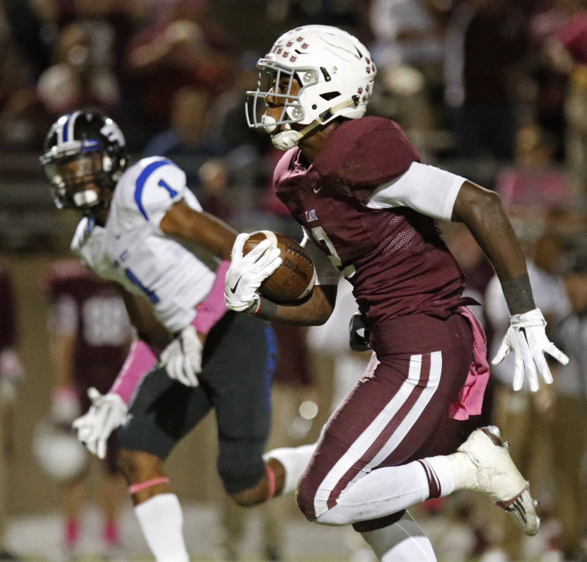 Plano West defensive back Ade Kilpatrick (1) didn’t have the angle to catch Plano High...