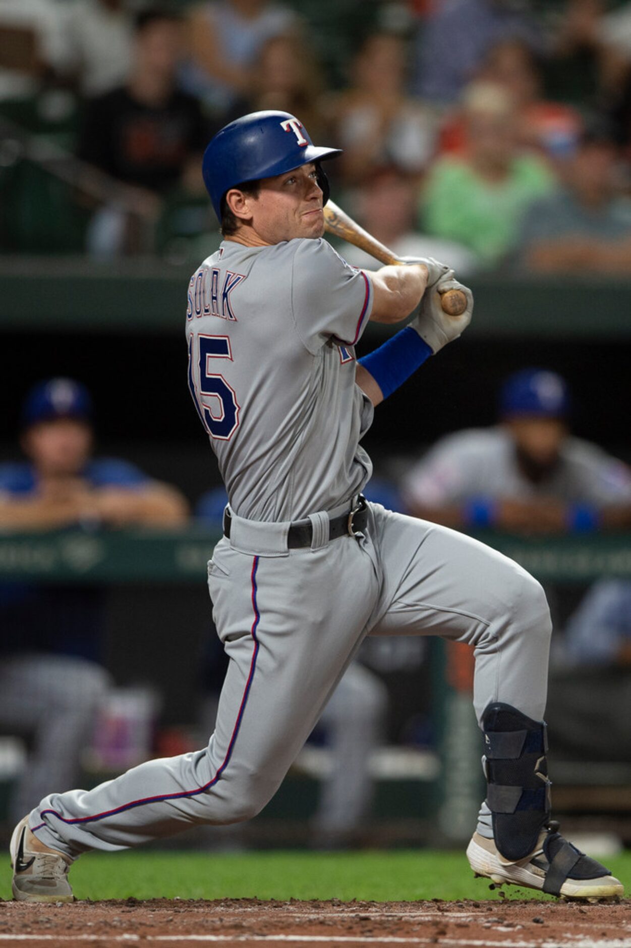 Texas Rangers' Nick Solak watches his two-run home run during the seventh inning of the...