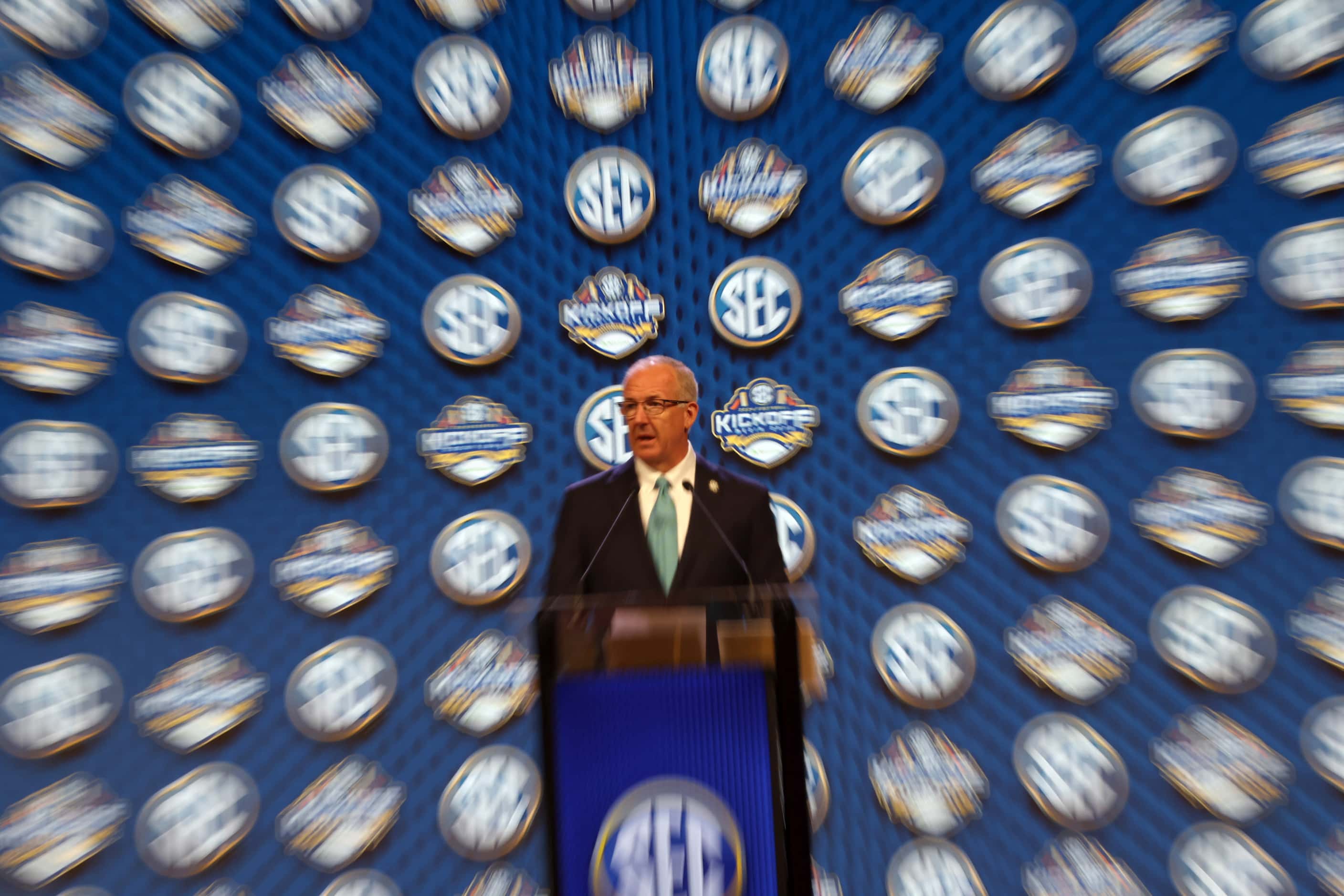 South Eastern Conference Commissioner Greg Sankey delivers a message to explain the current...