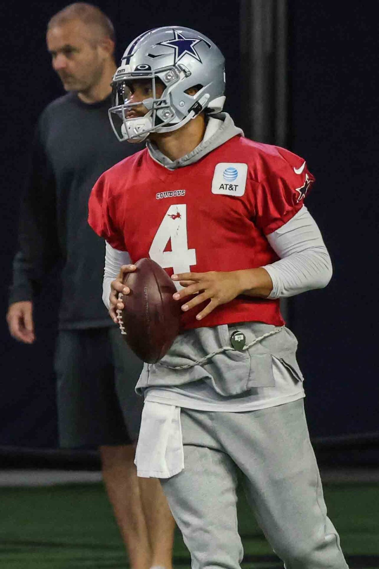 Cowboys' quarterback Dak Prescott #4 during practice at the Ford Center in Frisco on...