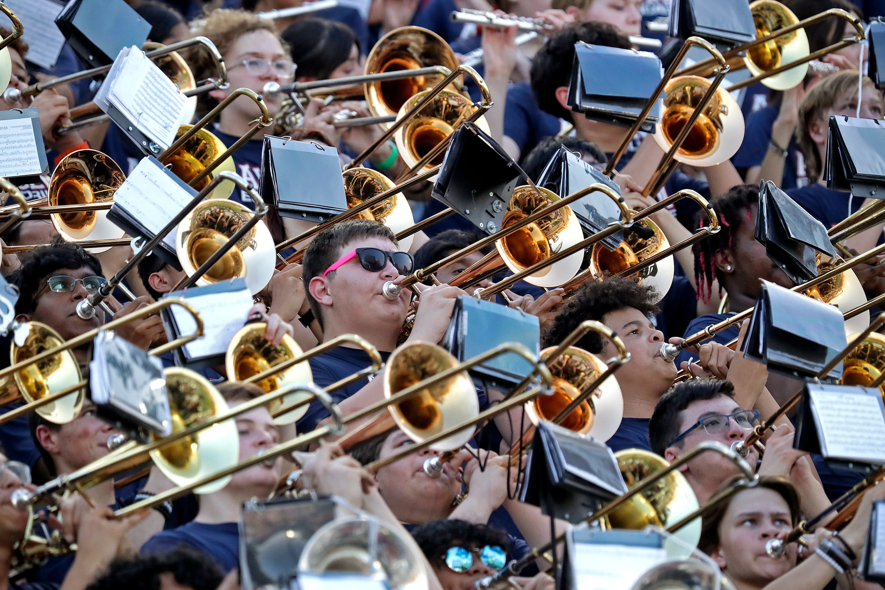 The Allen High School Marching Band plays before kickoff as Allen High School hosted DeSoto...