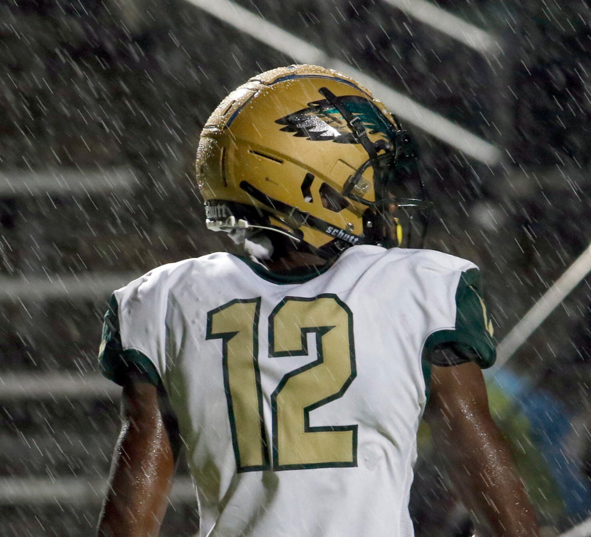 DeSoto receiver Jaedon Wilson (12) glances toward the scoreboard to see the replay as he...