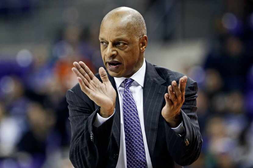 Feb 8, 2016; Fort Worth, TX, USA; TCU Horned Frogs head coach Trent Johnson reacts during...