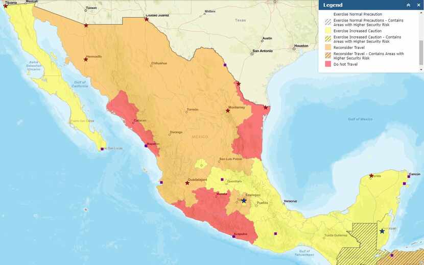 Areas in red were deemed too dangerous for travel in the latest advisory from the U.S. State...