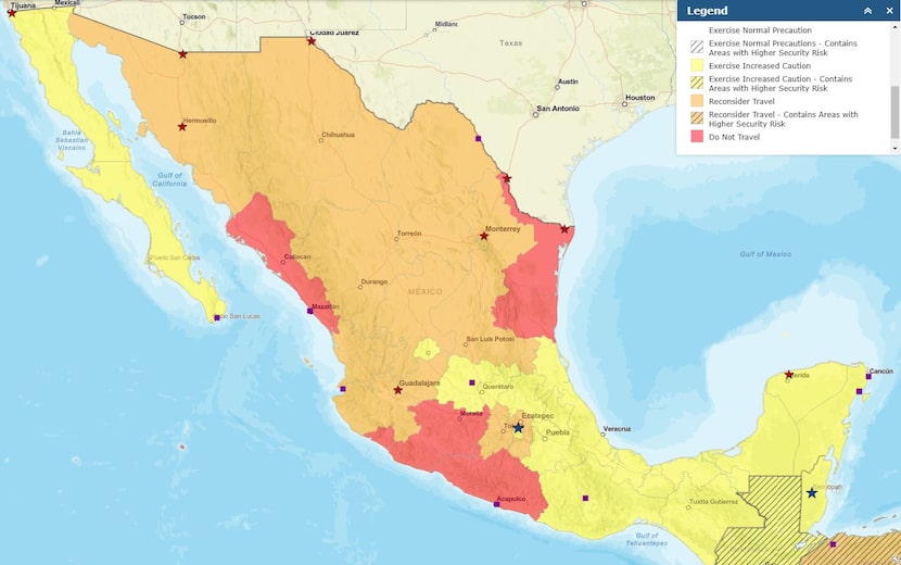 Areas in red were deemed too dangerous for travel in the latest advisory from the U.S. State...