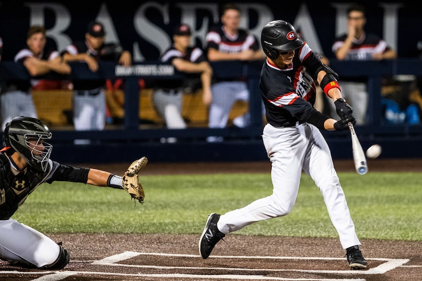 Colleyville Heritage shortstop Bobby Witt Jr. drives in a run with sacrifice fly during game...