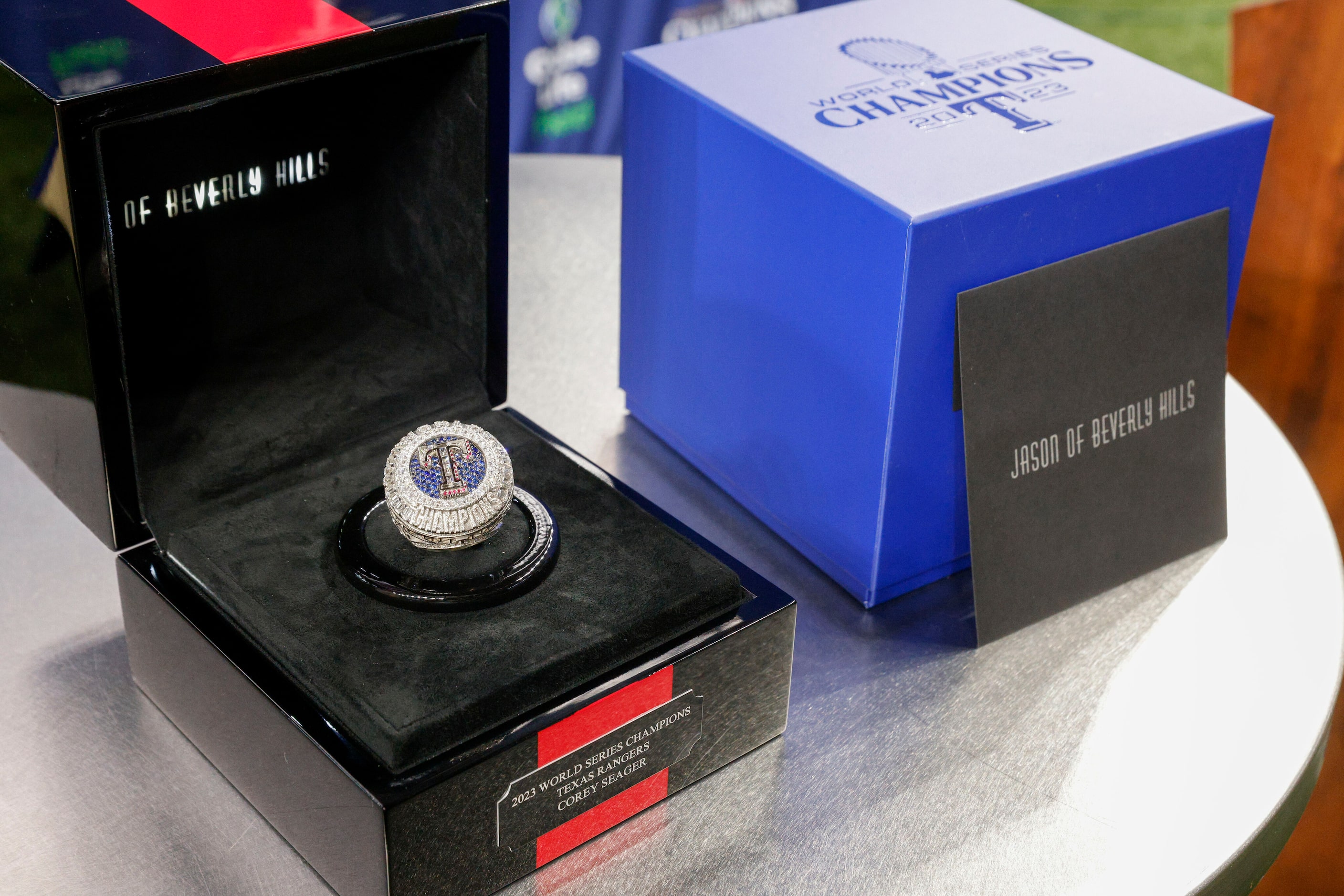 A look at Texas Rangers shortstop Corey Seager’s World Series championship ring, Saturday,...