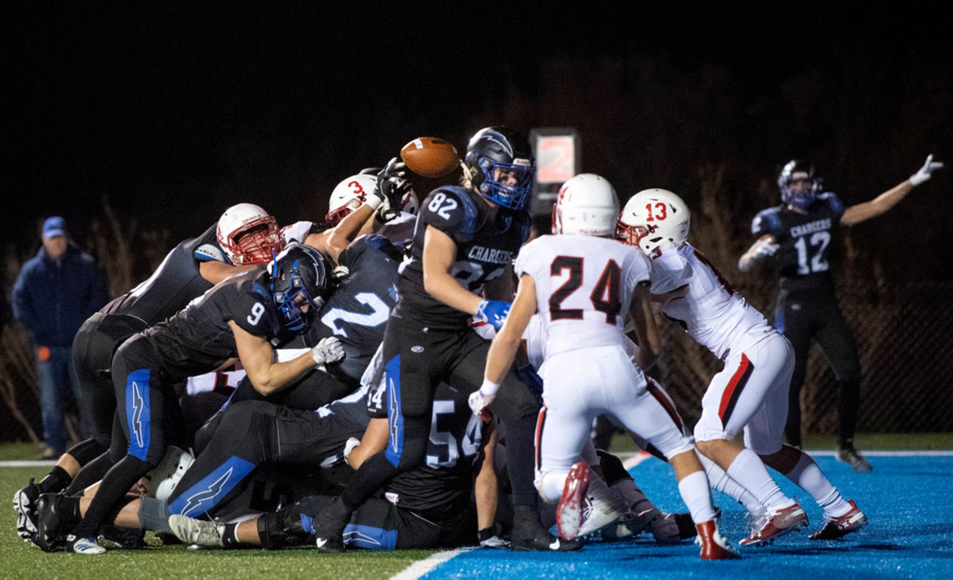 The ball pops out as Fort Worth Christian tries to move it across the goal line against...