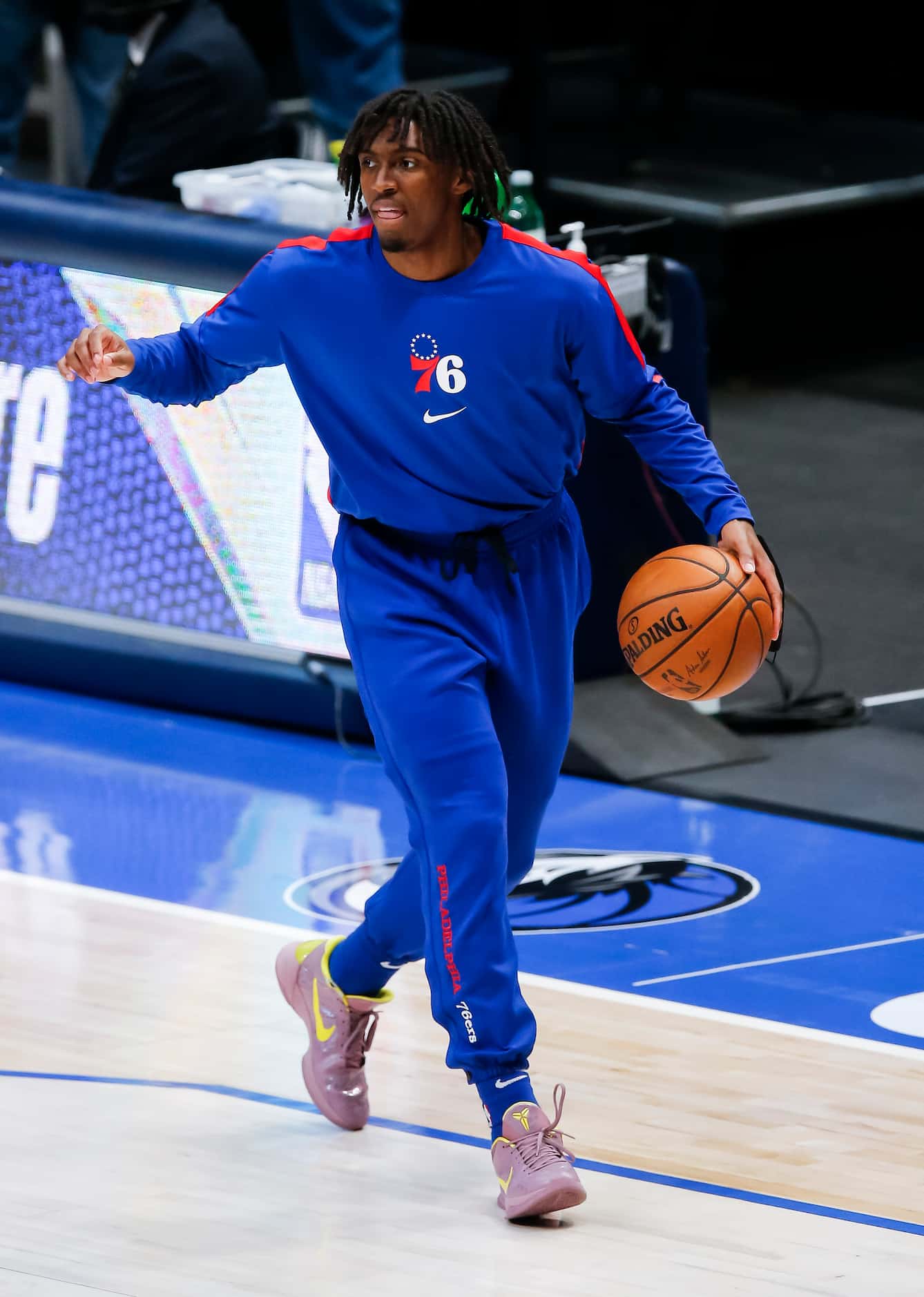 Philadelphia 76ers guard Tyrese Maxey warms up before the start of the second half of an NBA...