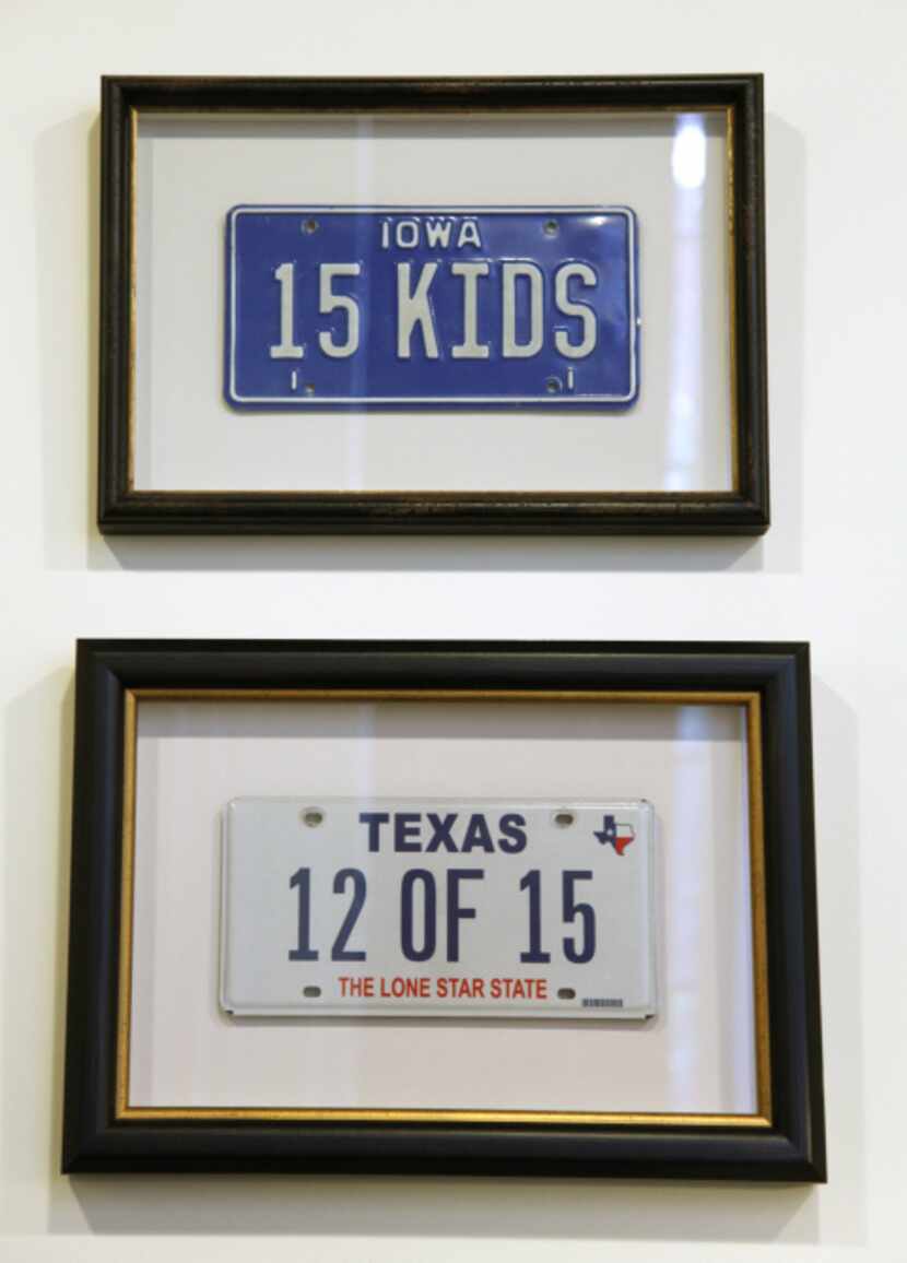 Old license plates hang on the wall of Leon Banowetz's office. The top one is his mother's...