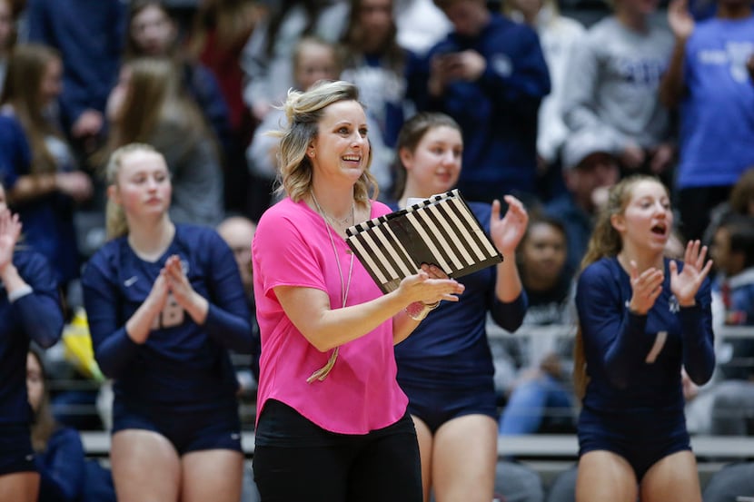 Flower Mound head coach Jamie Siegel cheers on her team during a Class 6A state semifinal...