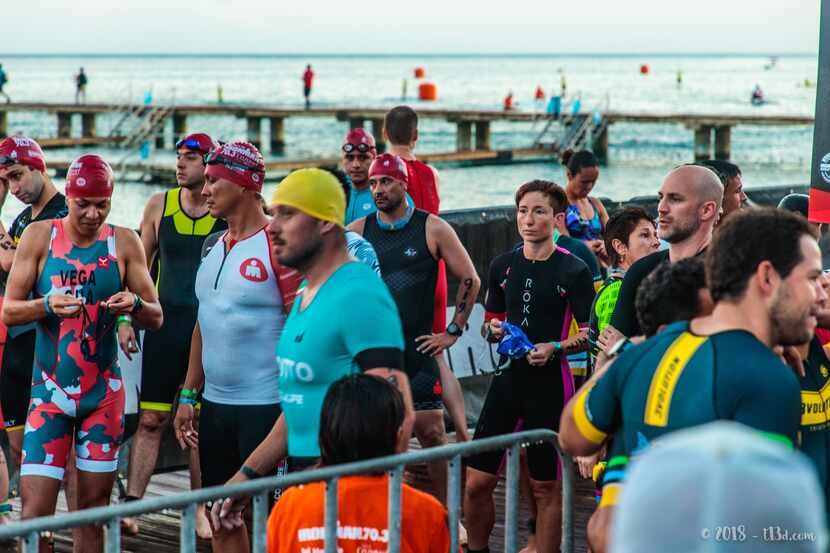 Brandi Grissom Swicegood waits for the start of the swim portion of the 70.3 Ironman in...