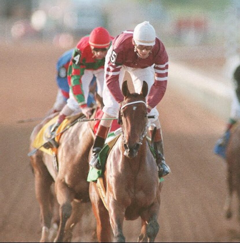 First Oasis with jockey Glenn Murphy up wins the first race at the new Retama Park racetrack...