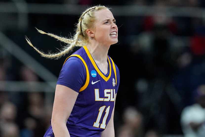 LSU guard Hailey Van Lith (11) reacts during the third quarter of an Elite Eight round...