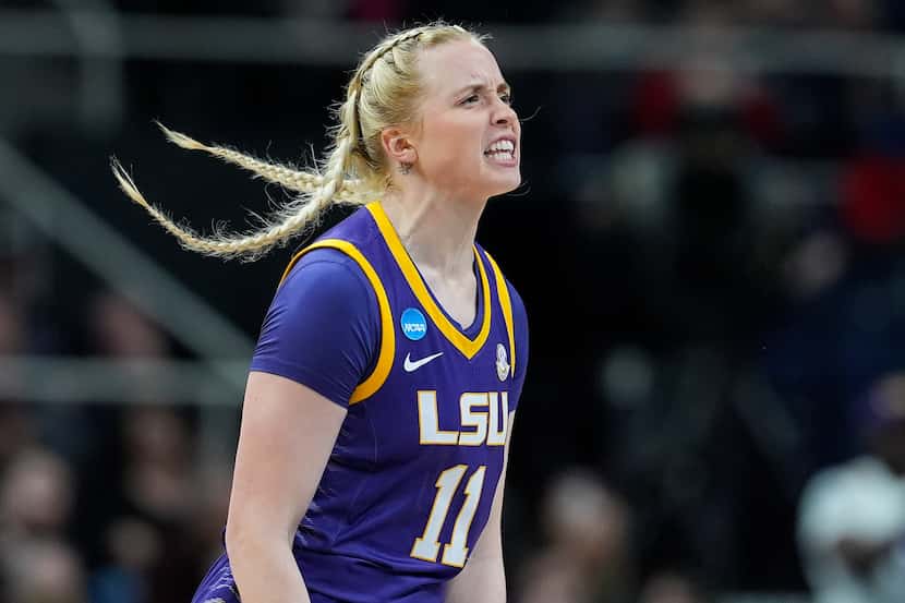LSU guard Hailey Van Lith (11) reacts during the third quarter of an Elite Eight round...
