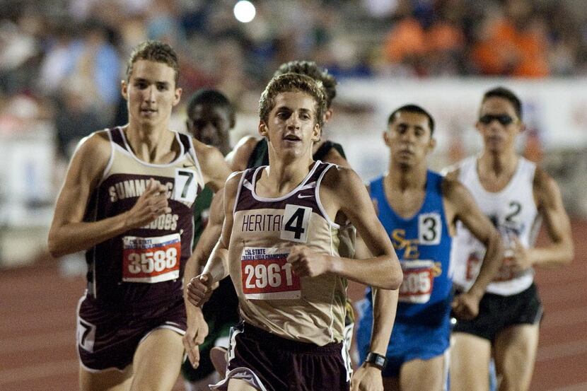 Carter Blunt, center, of Frisco Heritage leads the 1600m run at the UIL Class 4A state track...