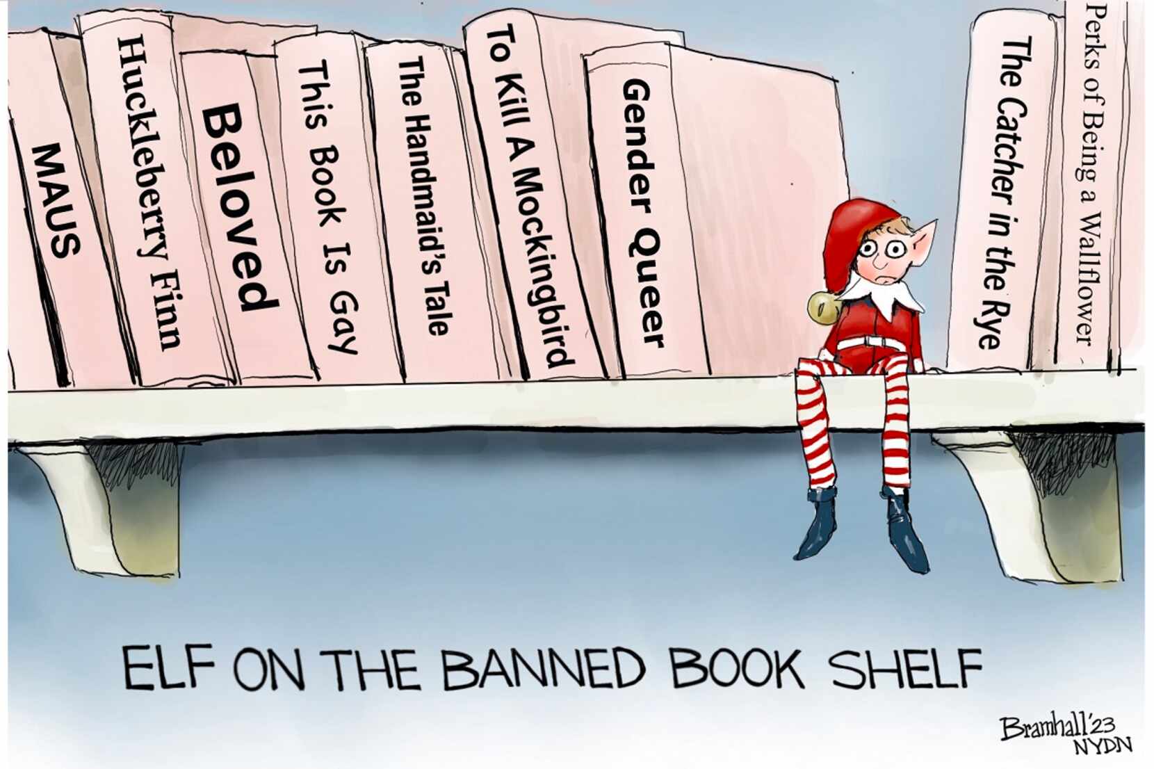 Editorial cartoon: Elf on the banned book shelf