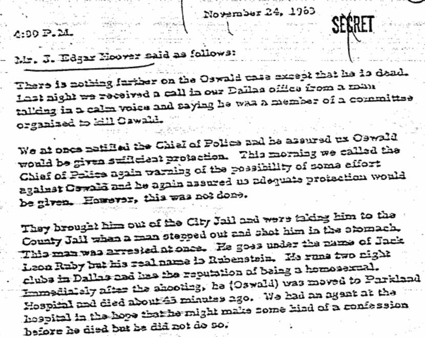 A Nov. 24, 1963 correspondence from the FBI detailing known threats on Oswald's life prior...