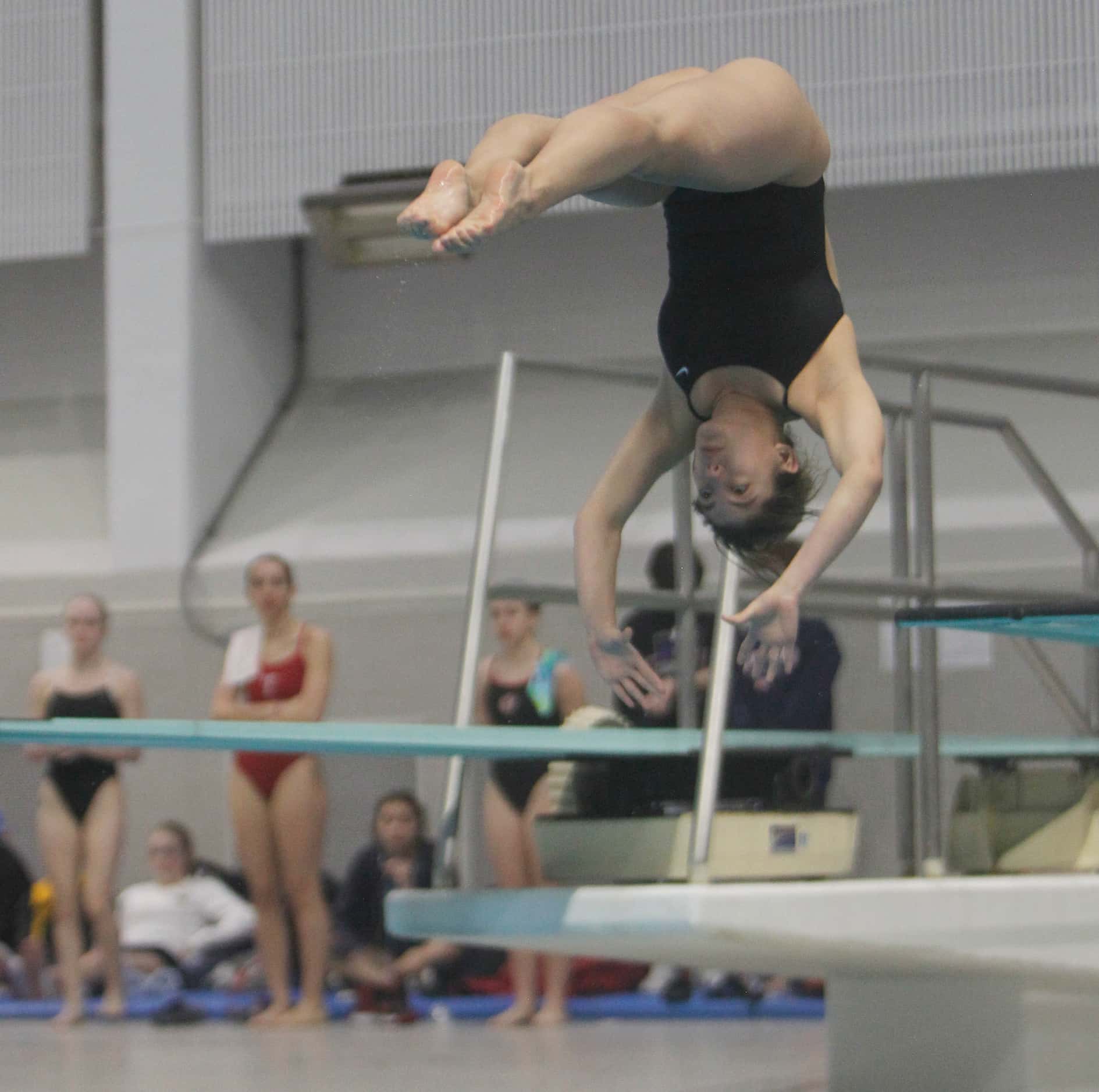 Flower Mound Marcus diver Sydney Rice finishes a dive in the 6A Girls Diving competition....