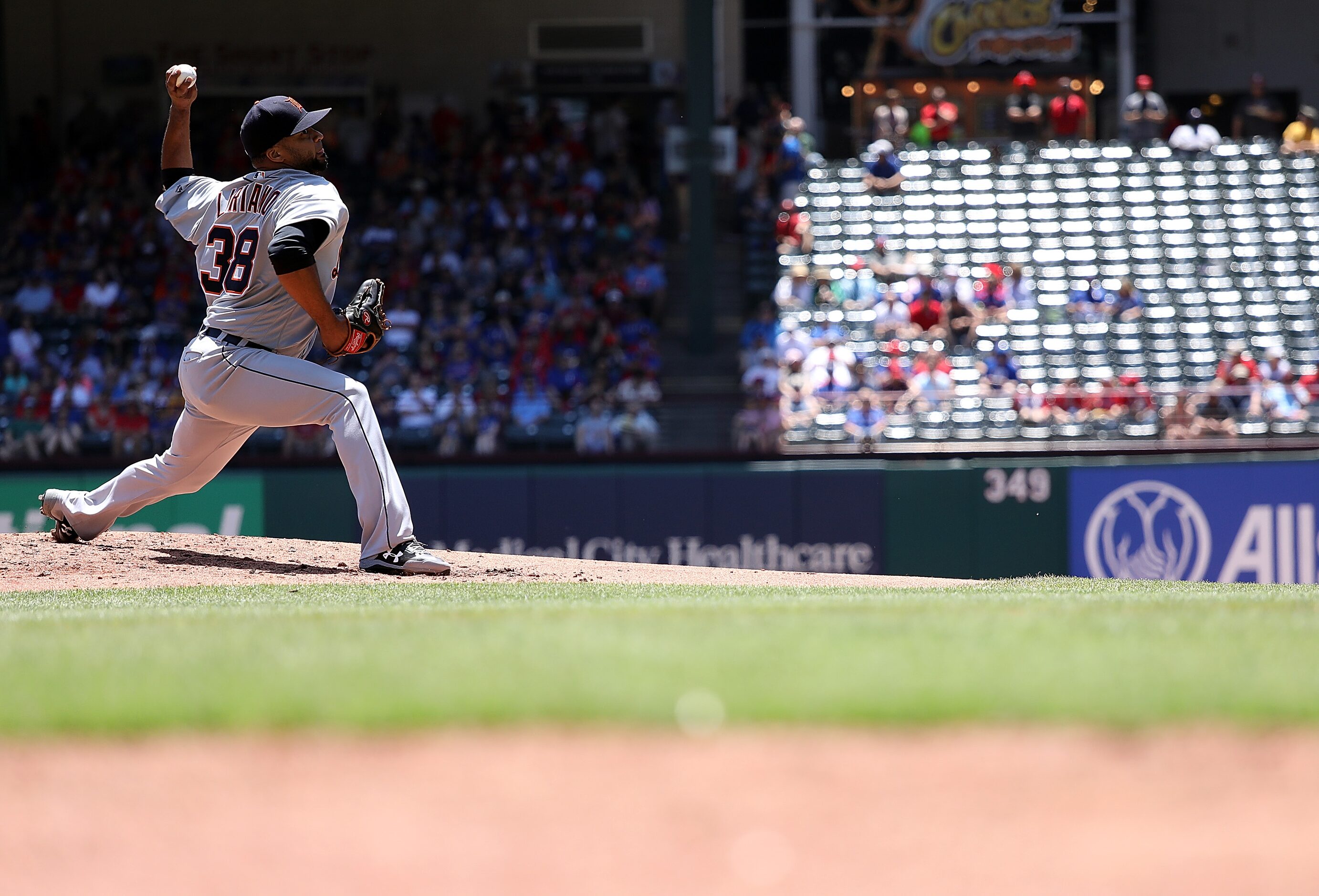 ARLINGTON, TX - MAY 09:  Francisco Liriano #38 of the Detroit Tigers pitches against the...