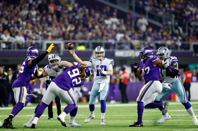 Dallas Cowboys quarterback Cooper Rush (10) throws a pass to wide receiver Amari Cooper (not...