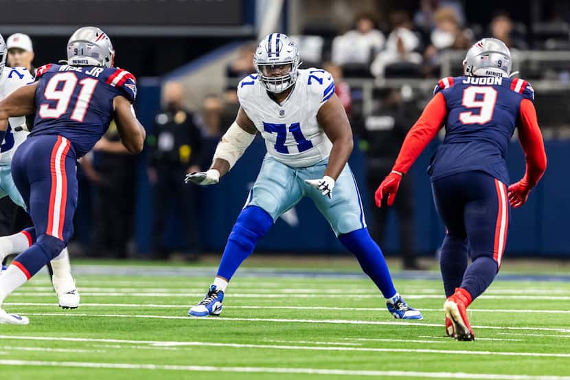 Dallas Cowboys tackle Chuma Edoga (71) is seen during the first half of an NFL football game...