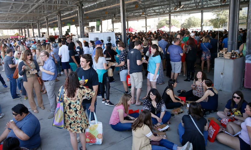 People gather during Morning After Brunch Festival at Dallas Farmers Market in Dallas. (Jae...